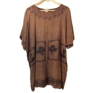 Vintage! Indonesian Embroidered Brown Oversized Short Sleeve Tunic Shirt Top